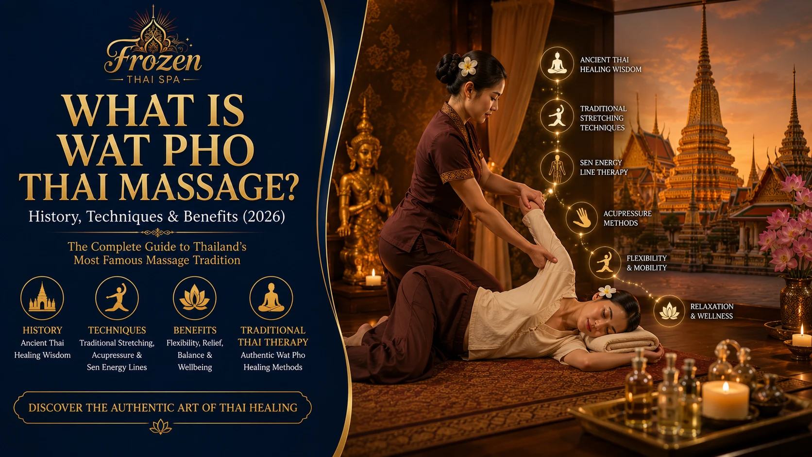 Wat Pho Thai massage history, techniques and benefits - authentic healing at Frozen Thai Spa Dhaka