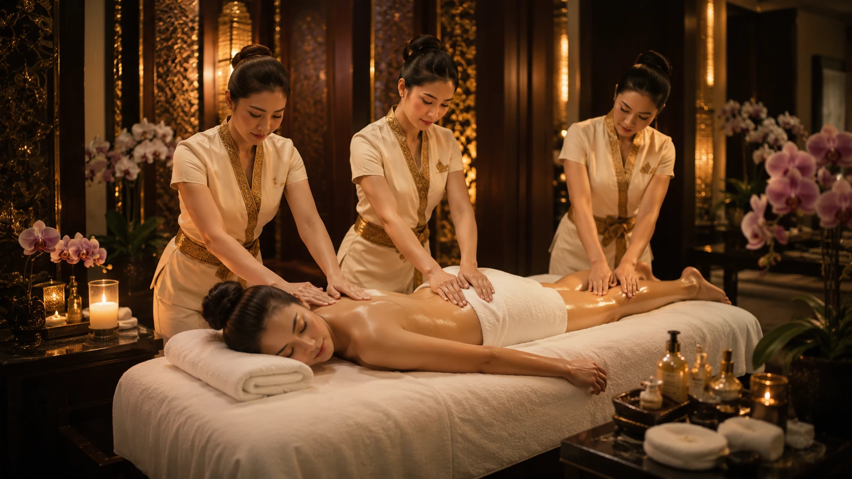 Six Hand Massage - synchronized triple therapist massage at Frozen Thai Spa Dhaka